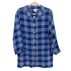 VTG Brownstone Woman Tunic Top Women Medium Blue Plaid Gauzy Cotton Coastal